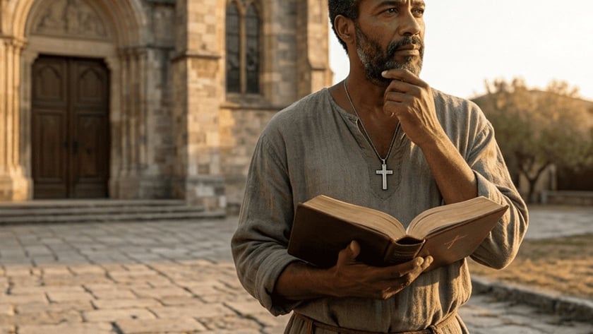 Homem de barba segura uma Bíblia aberta diante de uma igreja de pedra.