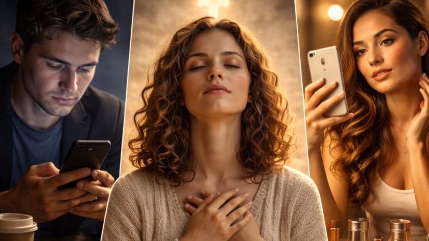 Homem mexendo no celular, mulher rezando com a Bíblia aberta e outra mulher tirando selfie.