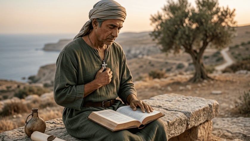 Homem de turbante e túnica verde lê um livro aberto num banco de pedra.