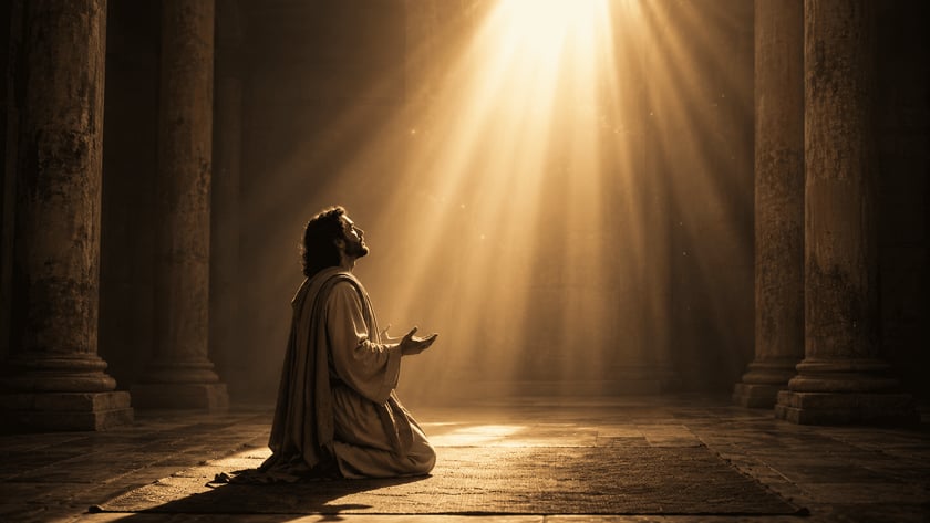 Homem de barba e manto ajoelhado, com as mãos abertas, olha para um feixe de luz.