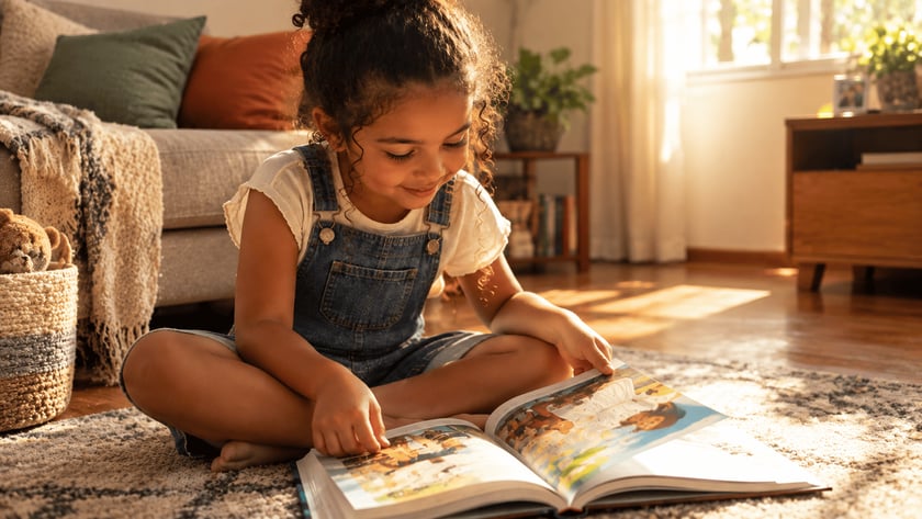 Menina de cabelo cacheado sentada no chão folheia um livro ilustrado aberto em uma sala.