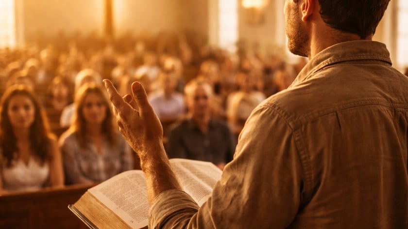 Homem de costas gesticula diante de uma congregação numa igreja, com uma Bíblia aberta no púlpito.
