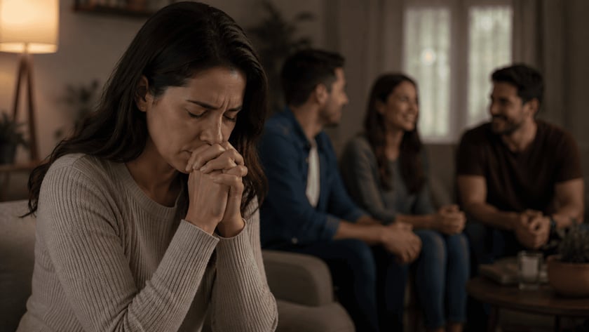 Mulher de olhos fechados e mãos unidas junto ao rosto, com três pessoas sentadas ao fundo.