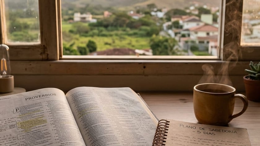 Bíblia aberta, caderno "PLANO DE SABEDORIA - 5 DIAS" e xícara fumegante diante de janela com vista