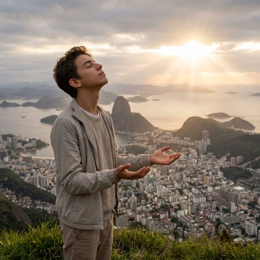 Jovem de jaqueta bege, olhos fechados e mãos abertas, em um morro sobre uma cidade litorânea.