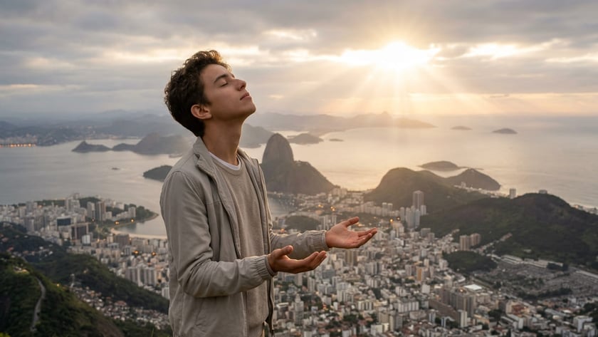 Jovem de jaqueta bege, olhos fechados e mãos abertas, em um morro sobre uma cidade litorânea.