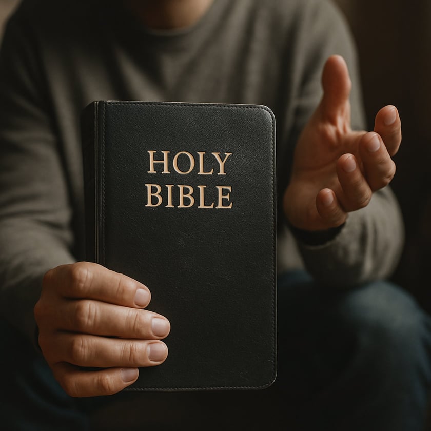 Homem de camiseta cinza segura uma Bíblia preta e gesticula com a outra mão: "HOLY BIBLE".