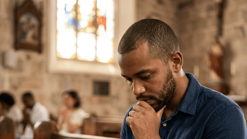 Homem de barba lê uma Bíblia sentado em um banco de igreja de pedra.