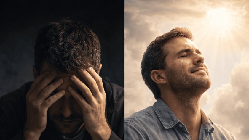 Homem de cabeça baixa com as mãos no rosto e Bíblia aberta; ao lado, homem sorrindo ao céu.