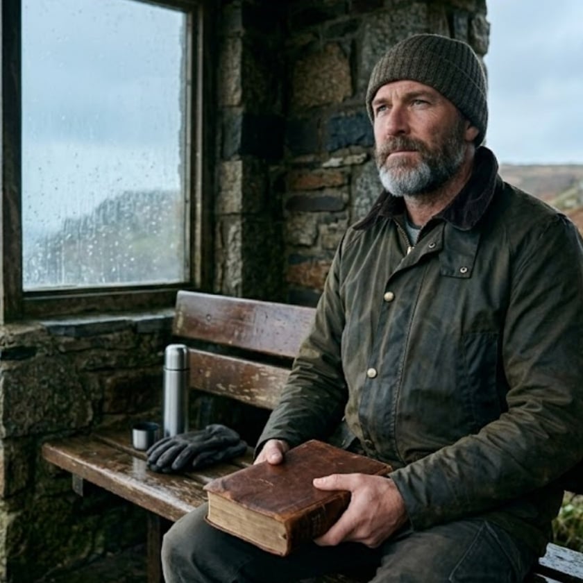 Homem barbudo de gorro segura um livro antigo num abrigo de pedra, em dia chuvoso.