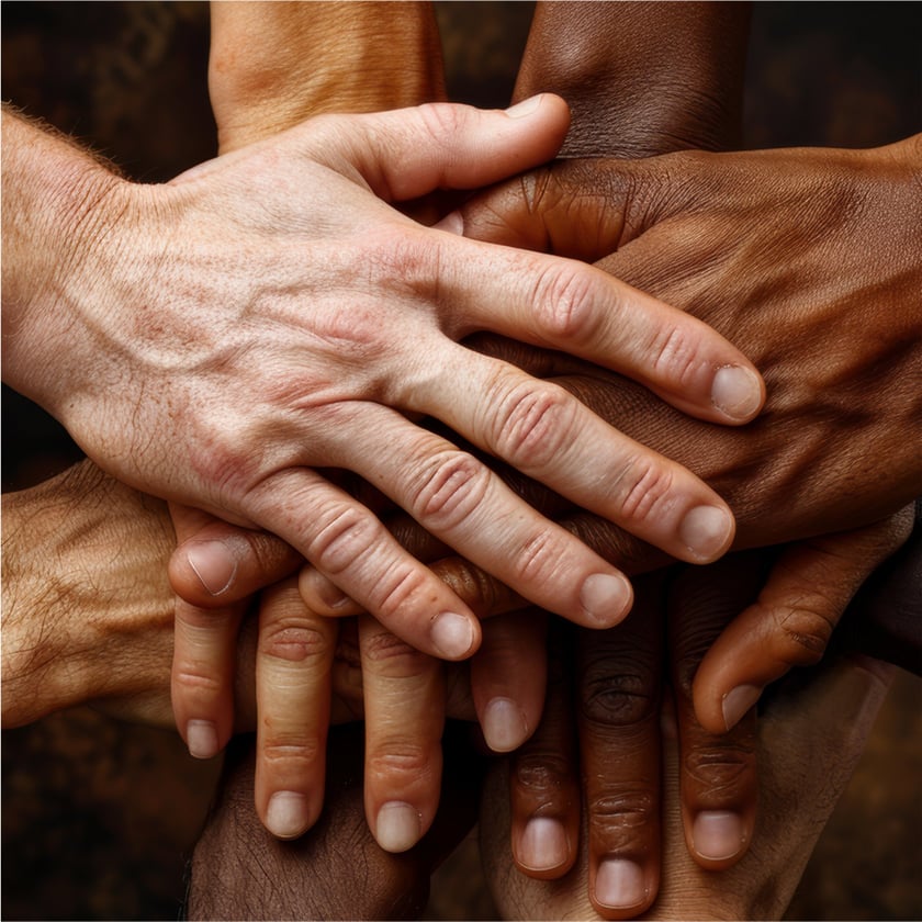 Várias mãos de tons de pele diferentes empilhadas e sobrepostas umas sobre as outras.
