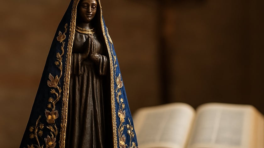 Estatueta de santa com coroa dourada e manto azul bordado, diante de uma Bíblia aberta.