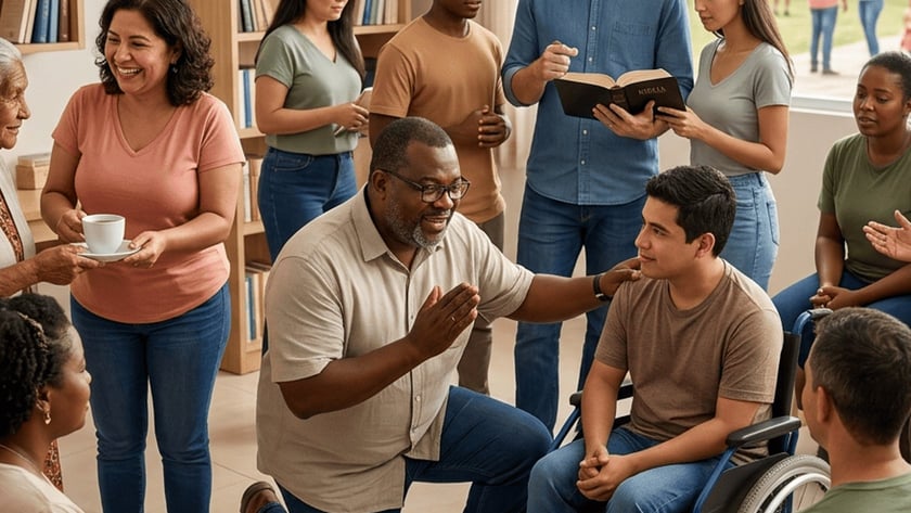 Grupo diverso conversa e ora numa sala com estantes; um homem ajoelha ao lado de cadeirante.