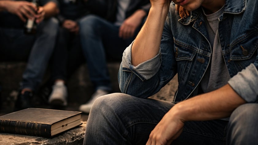 Jovem de jaqueta jeans sentado de cabeça baixa, com três homens bebendo ao fundo.