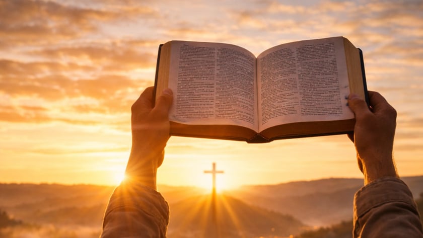 Duas mãos erguem uma Bíblia aberta diante de uma cruz sobre uma colina ao nascer do sol.