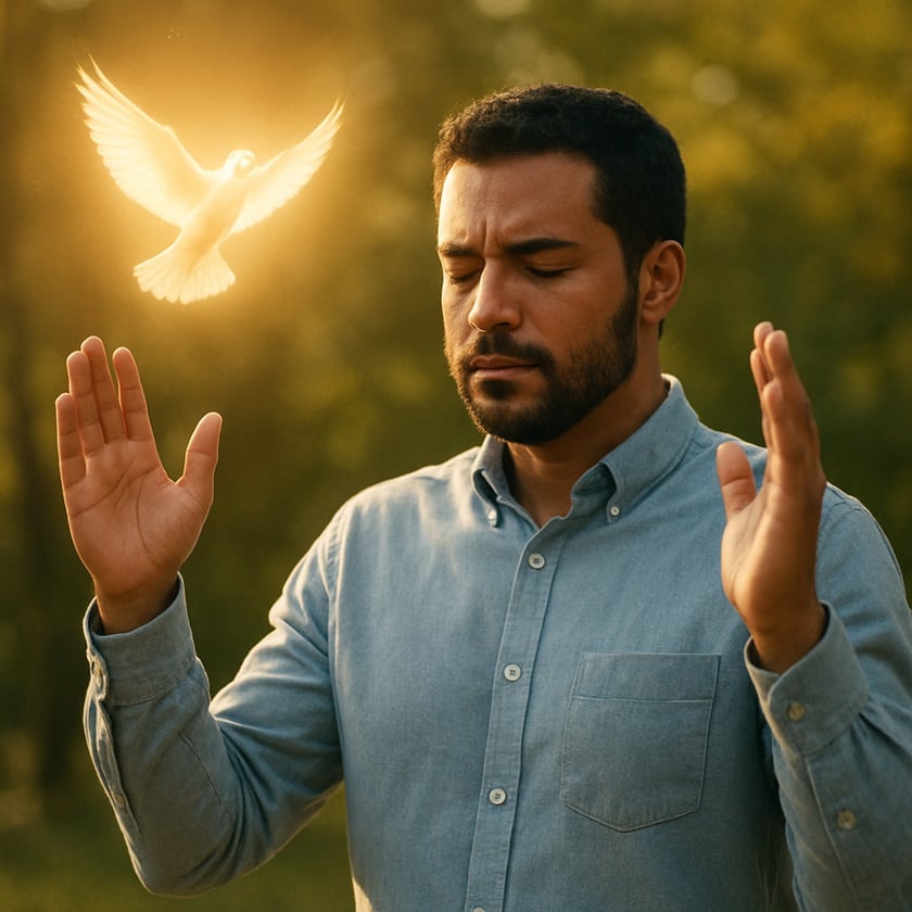 Homem de barba, olhos fechados e mãos erguidas, ao ar livre, com uma pomba brilhante ao lado.