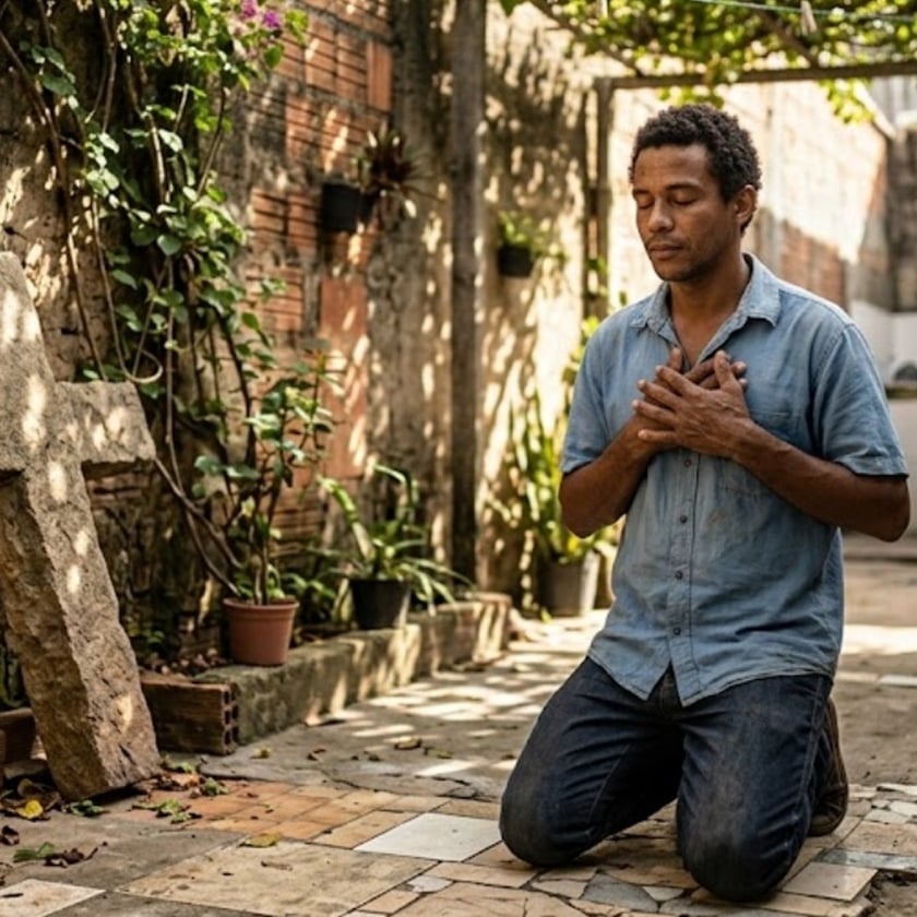 Homem ajoelhado com as mãos no peito e olhos fechados, ao lado de uma cruz de pedra, em um quintal.