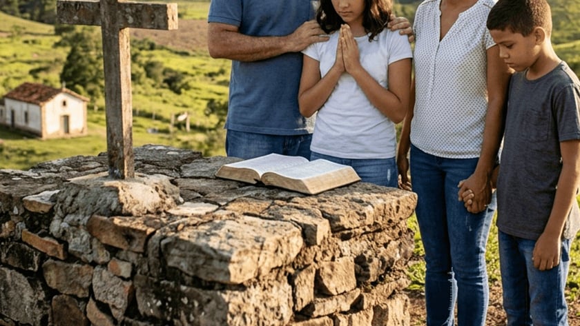 Família de quatro pessoas reza diante de uma Bíblia aberta sobre muro de pedra, ao lado de uma cruz.