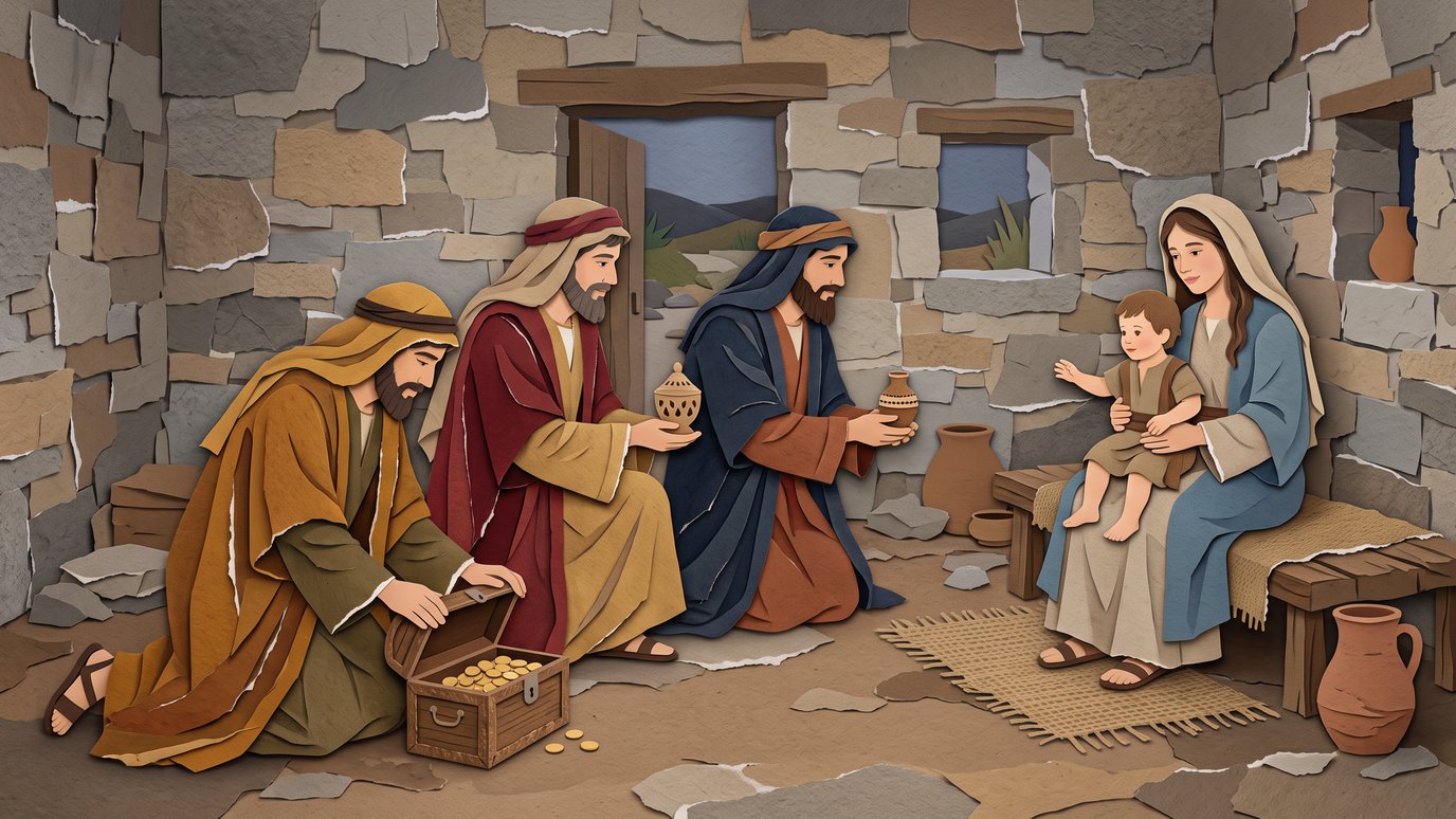 Três homens oferecem presentes a uma criança no colo da mãe, em uma casa de pedra.