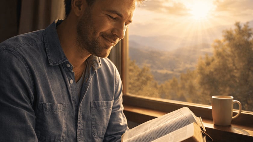 Homem de camisa jeans lê um livro grosso ao lado de uma janela com montanhas.