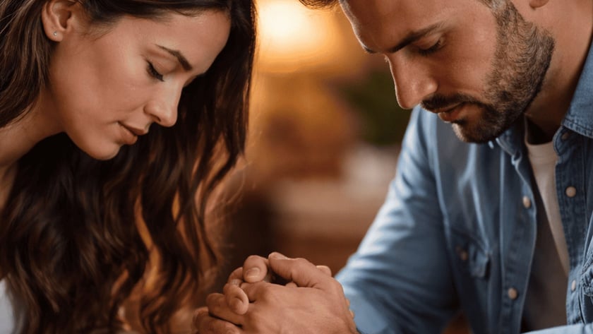 Mulher e homem de cabeça baixa, com as mãos unidas, ao lado de uma Bíblia aberta.