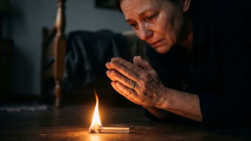 Mulher de mãos juntas e com lágrimas no rosto olha um palito de fósforo aceso.