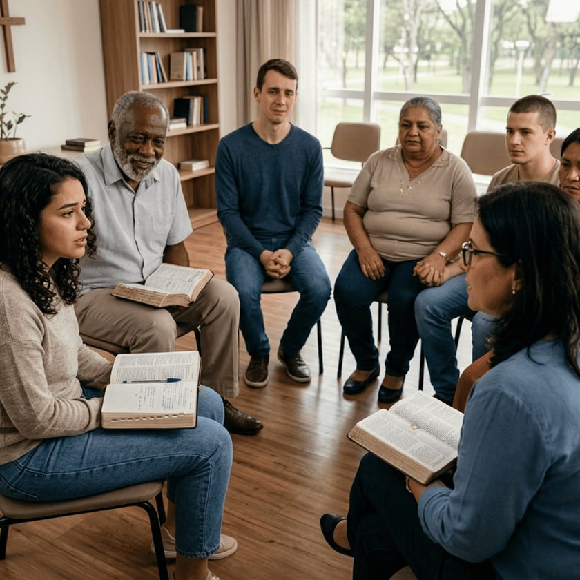 Grupo de pessoas sentadas em círculo numa sala, com Bíblias abertas, conversando.