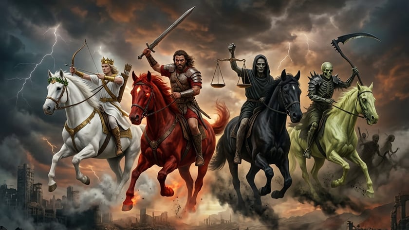 Quatro cavaleiros em cavalos branco, vermelho, preto e verde galopam sobre uma paisagem em ruínas.