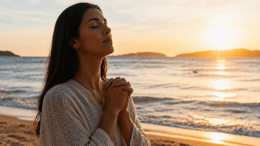 Mulher de cabelos escuros e olhos fechados, com as mãos unidas, na praia.