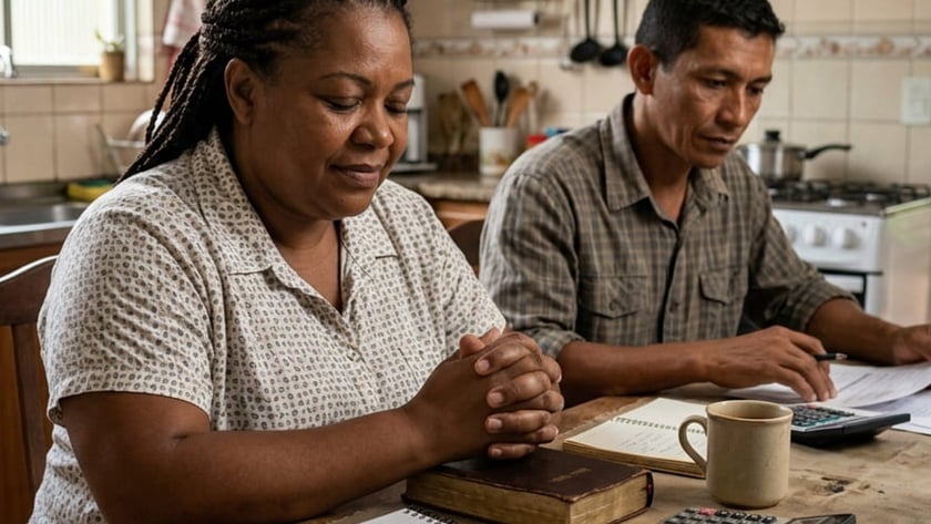 Mulher de mãos juntas e homem com calculadora sentados à mesa de uma cozinha.