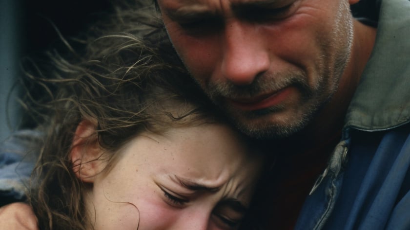 Homem de barba por fazer abraça uma menina de cabelo castanho desgrenhado, ambos chorando.
