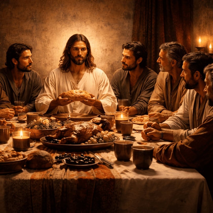 Homem de túnica branca segura um pão à mesa, cercado por seis homens e comida.