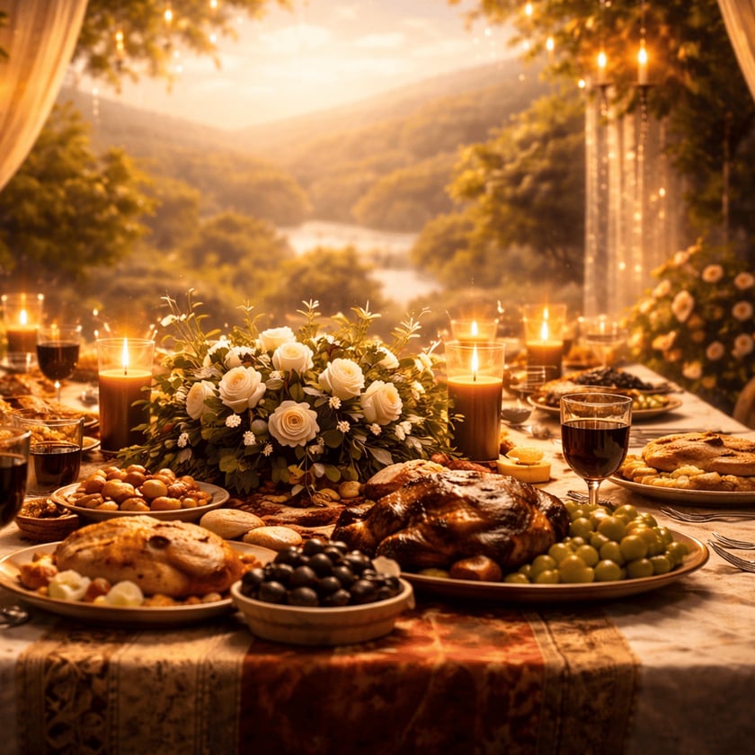 Mesa posta ao ar livre com assado, frutas, vinho, velas e rosas brancas.