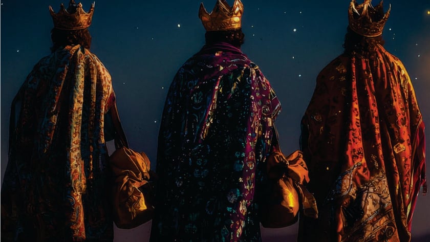 Três homens de costas, com coroas e mantos ornamentados, carregam bolsas sob um céu estrelado.