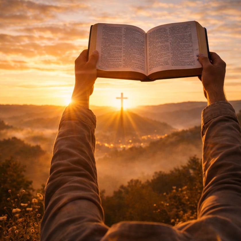 Duas mãos erguem uma Bíblia aberta diante de uma cruz sobre uma colina ao nascer do sol.