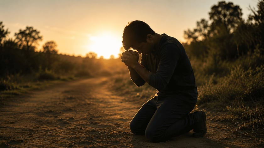 Homem ajoelhado em uma estrada de terra, de cabeça baixa e mãos unidas, ao pôr do sol.