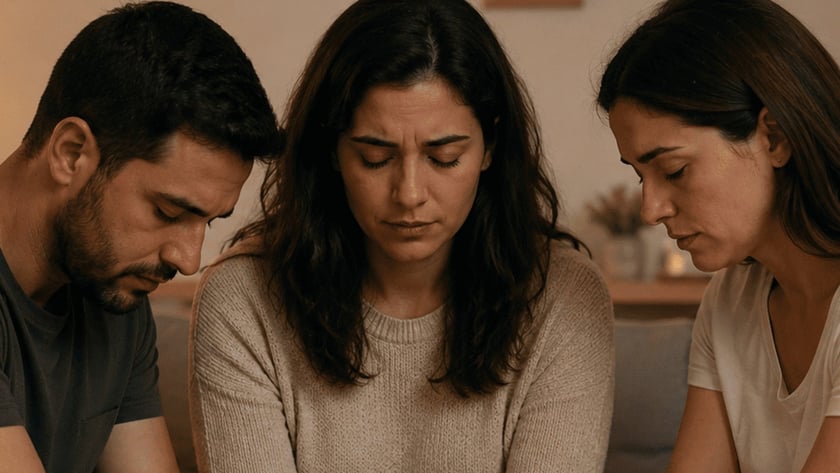 Duas mulheres e um homem sentados no sofá, de mãos unidas, de olhos fechados.