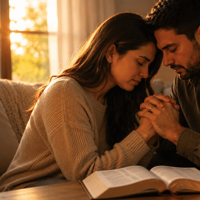 Casal de mãos unidas e testas encostadas, de olhos fechados, ao lado de uma Bíblia aberta.