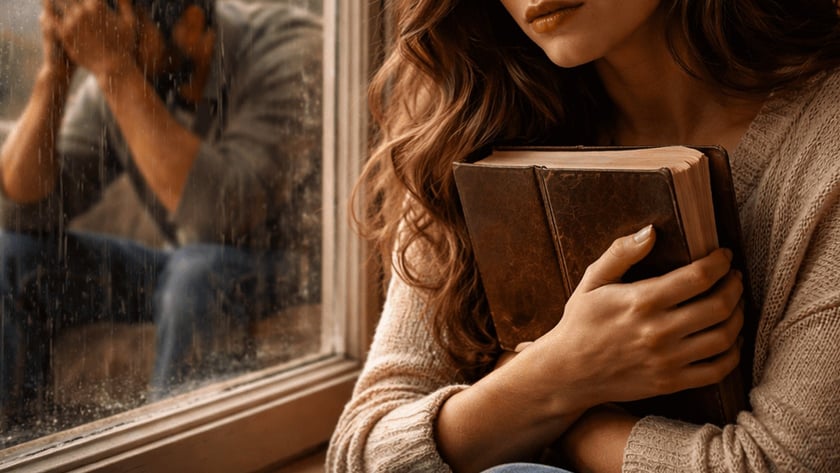 Mulher abraça um livro de capa de couro junto à janela molhada pela chuva; homem do lado de fora