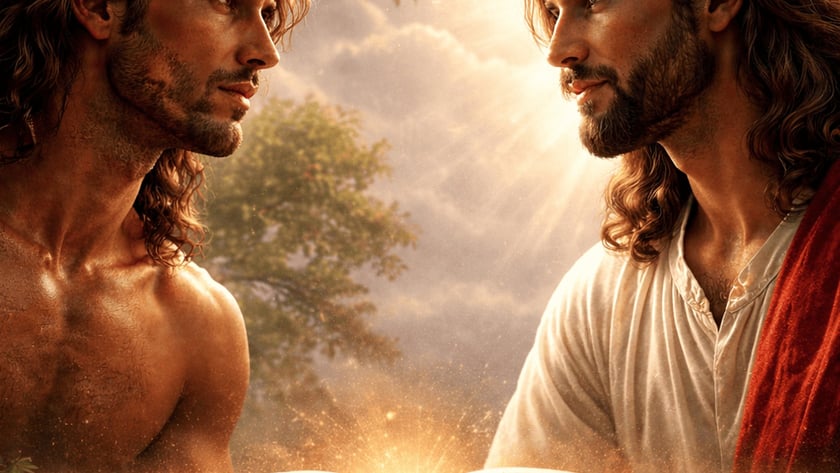 Dois homens de cabelo longo e barba se encaram diante de uma Bíblia aberta.