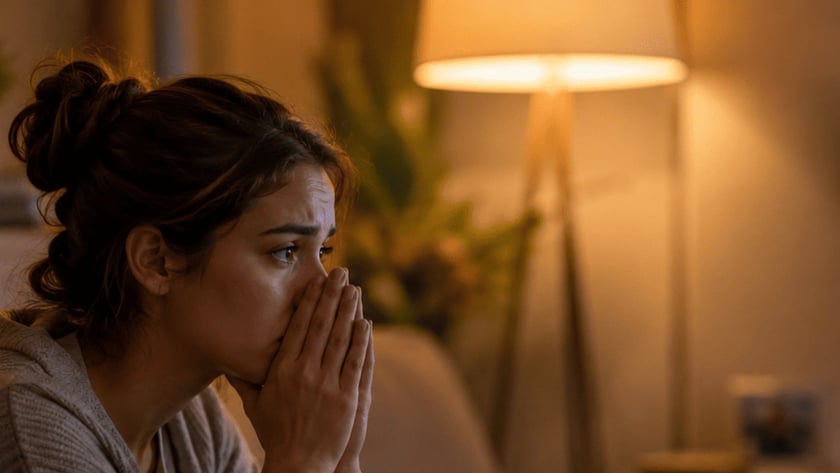 Televisão exibe repórter de terno com microfone, em sala com sofá, xícara e cesta com planta.
