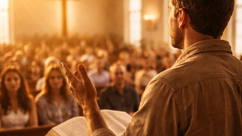 Homem de costas gesticula diante de uma congregação numa igreja, com uma Bíblia aberta no púlpito.