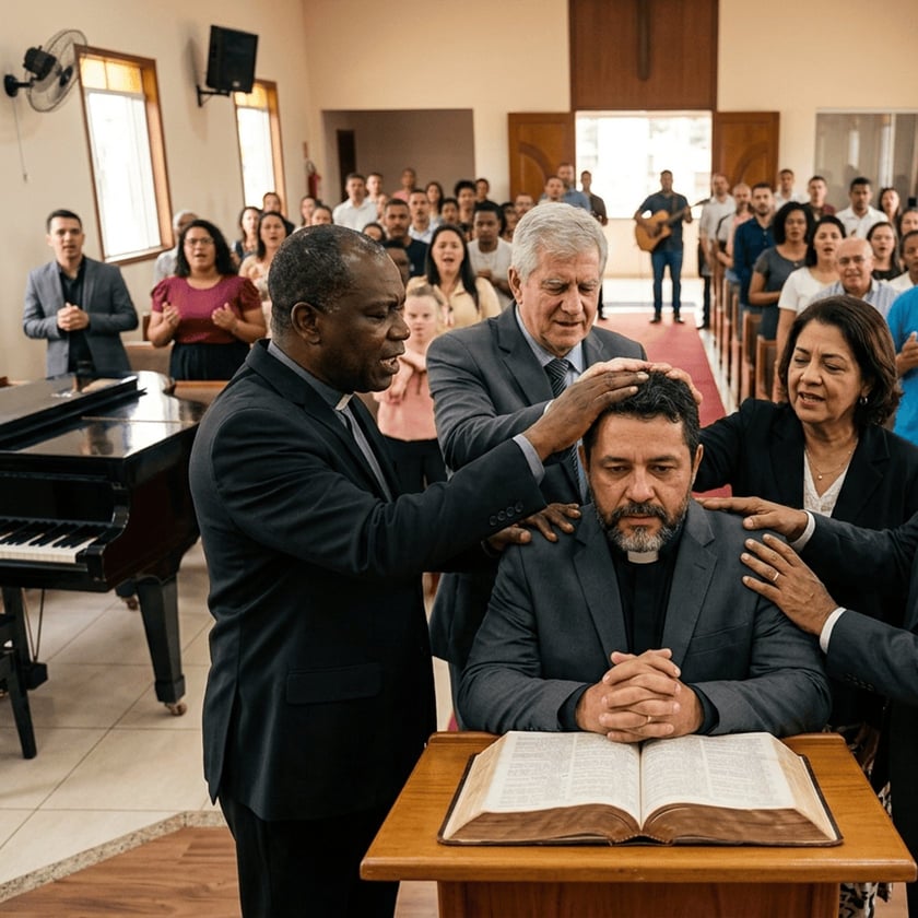 Pastores e uma mulher impõem as mãos sobre um homem sentado diante de uma Bíblia, em uma igreja.