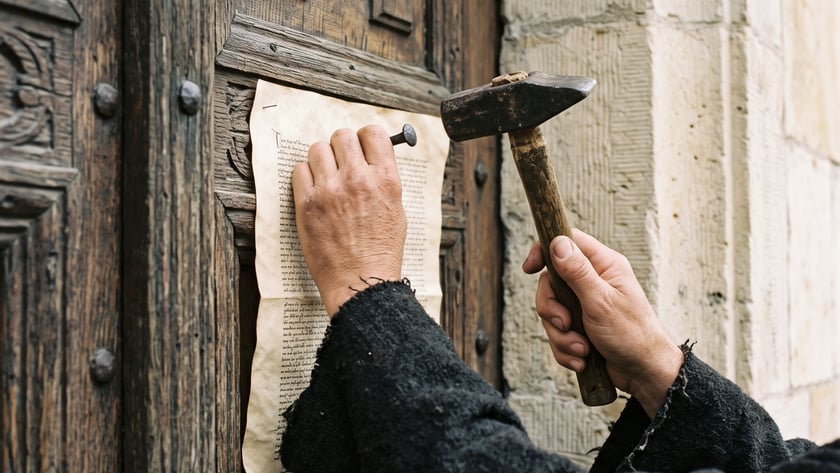 Mãos de manga preta pregam com martelo uma folha escrita em uma porta de madeira antiga.