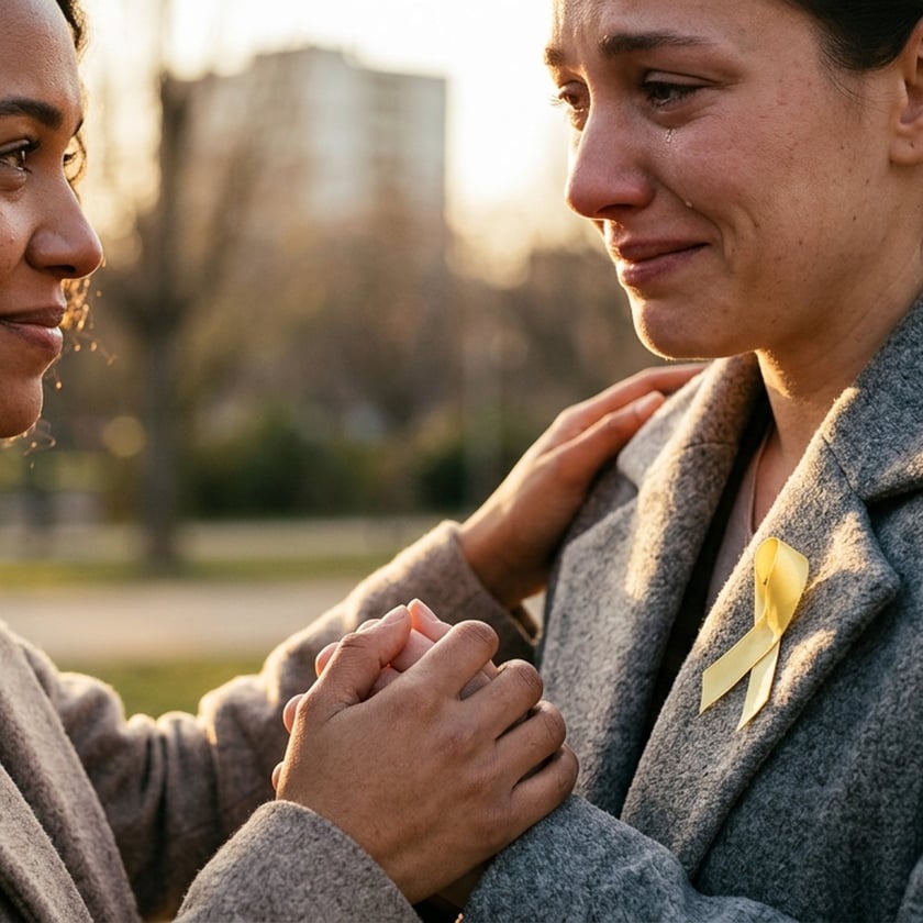Duas mulheres de casaco se olham em um parque, de mãos dadas; uma chora.
