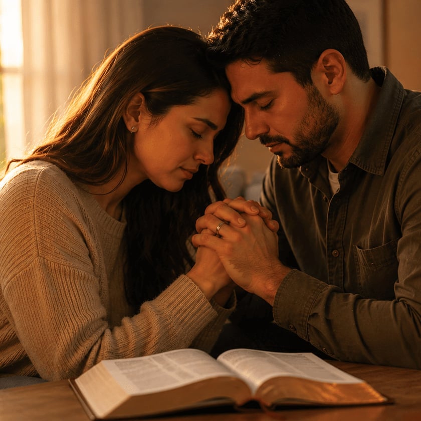 Casal de mãos unidas e testas encostadas, de olhos fechados, ao lado de uma Bíblia aberta.