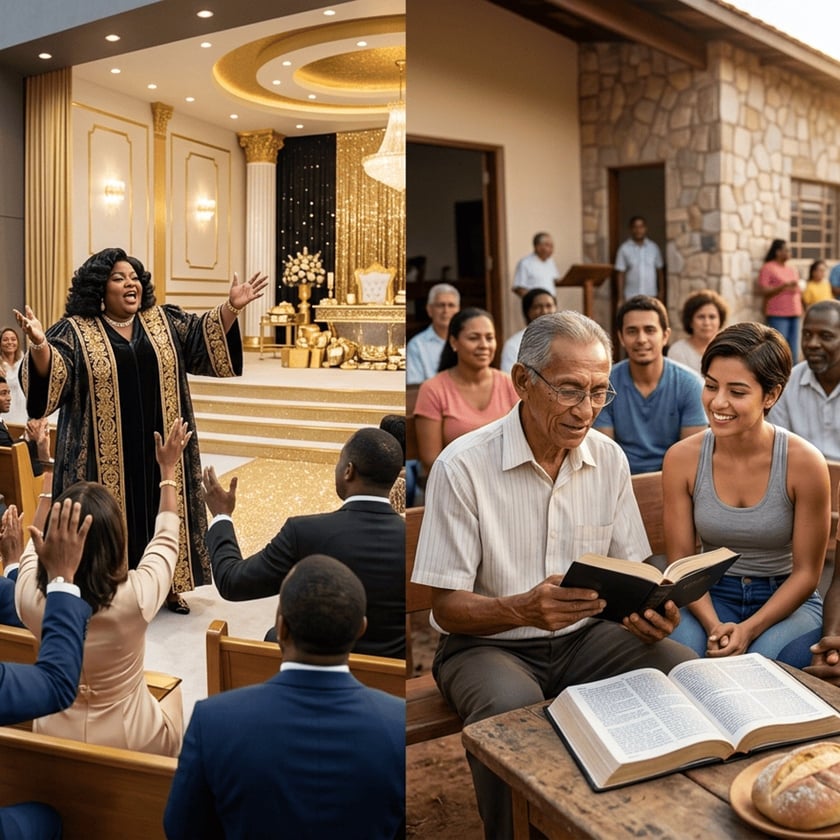 Pregadora de manto dourado em templo luxuoso, ao lado de grupo lendo a Bíblia ao ar livre.