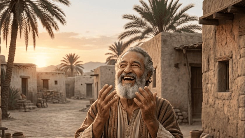 Homem idoso de barba grisalha ri com as mãos erguidas numa aldeia de casas de barro.