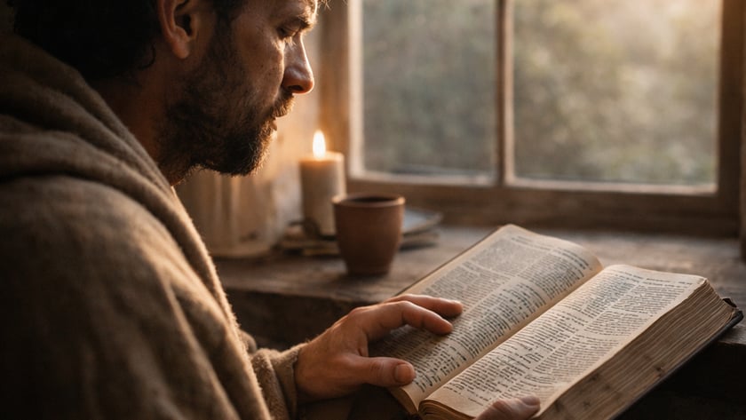 Homem barbudo envolto em manta lê um livro aberto ao lado de uma janela.