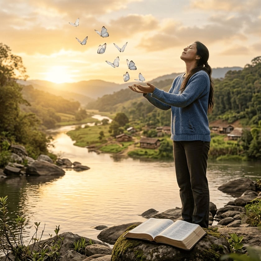 Mulher de suéter azul ergue as mãos para borboletas brancas à beira de um rio.